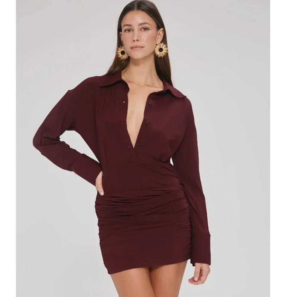 ADAPTE (NWT) Jamie Button Up Long Sleeve Mini Dress, Burgundy, Size XS - Picture 1 of 13